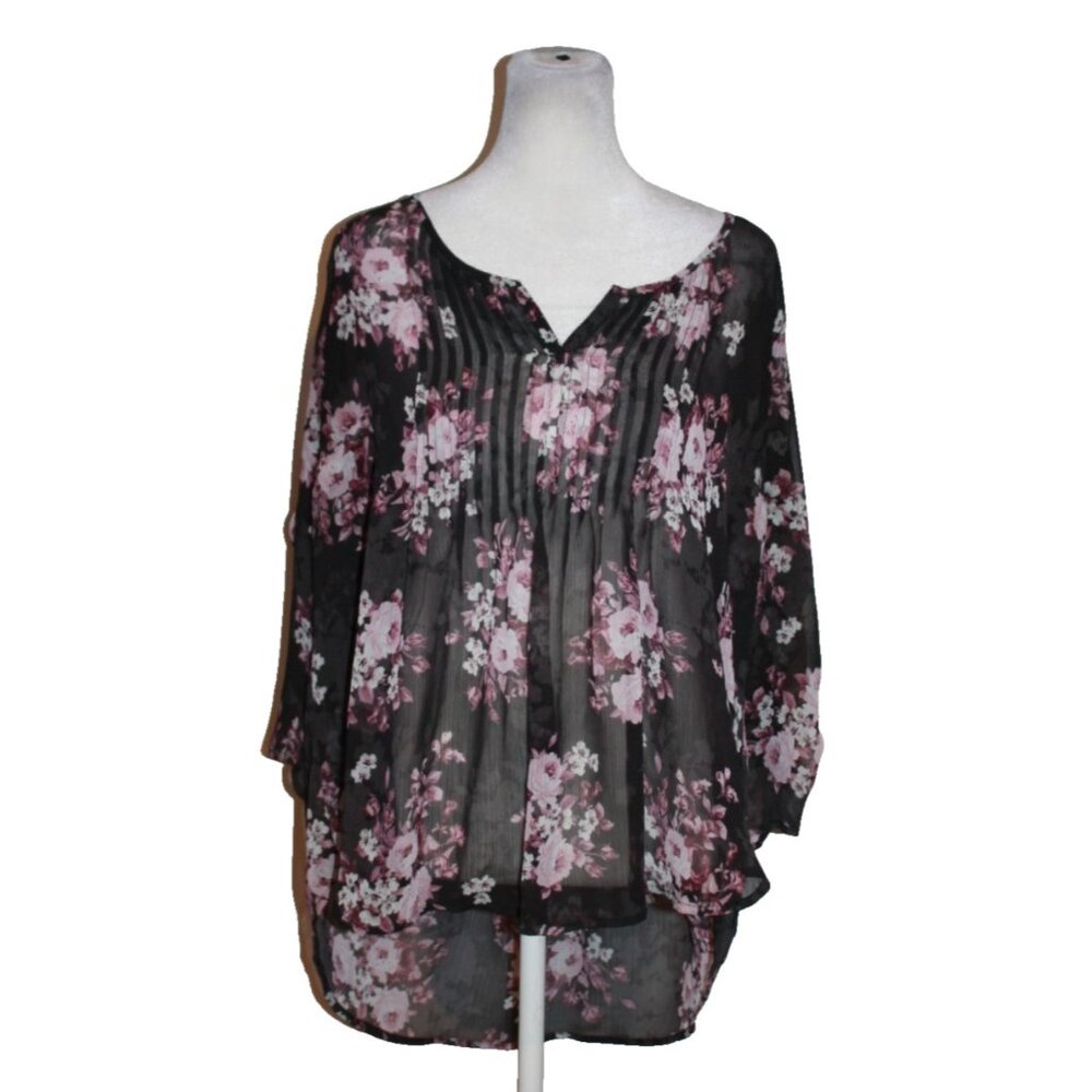 Torrid Blouse Women's Size 00 Mesh Sheer 3/4 Sleeve Black Floral Shirt Top